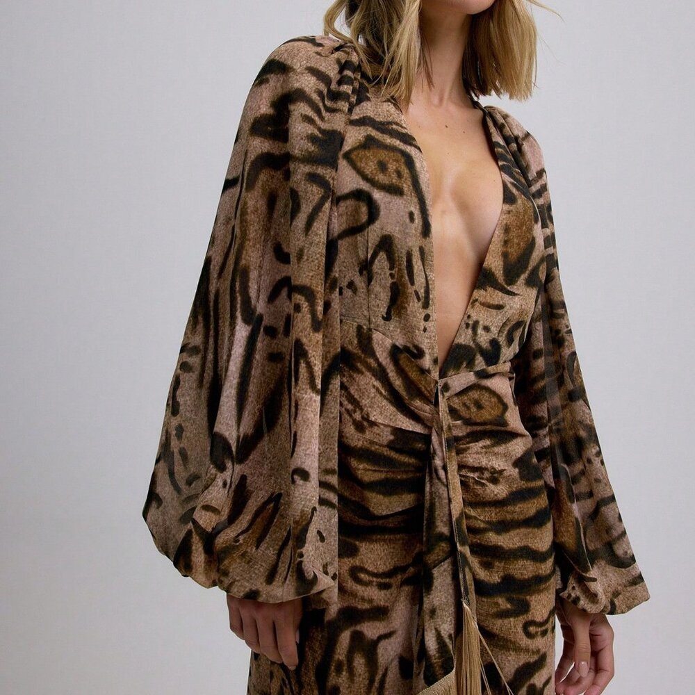 Brown Elegant Women's Zebra Print Deep V Neck Maxi Dress with Tassel Detail - Picture 4 of 6